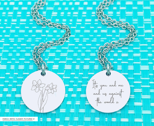 Personalised Birth Flower Necklace, Add Your Message to the reverse! Birth Month Flower Necklace, Birth Flower Necklace, Personalized Gifts, Silver or Rose Gold