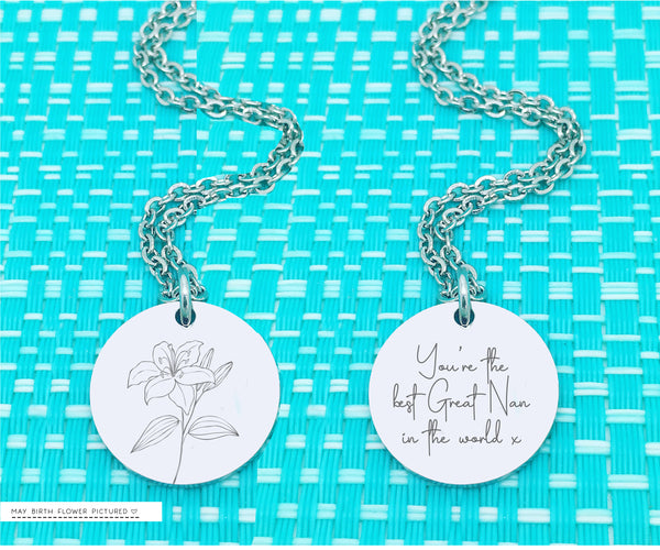 Personalised Birth Flower Necklace, Add Your Message to the reverse! Birth Month Flower Necklace, Birth Flower Necklace, Personalized Gifts, Silver or Rose Gold