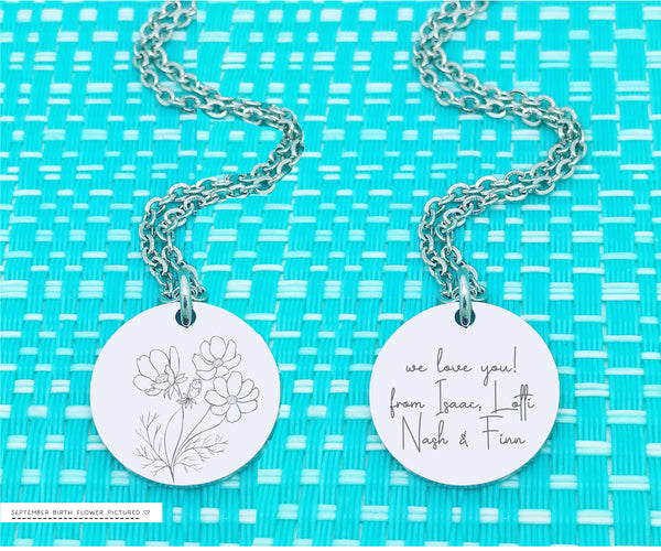 Personalised Birth Flower Necklace, Add Your Message to the reverse! Birth Month Flower Necklace, Birth Flower Necklace, Personalized Gifts, Silver or Rose Gold
