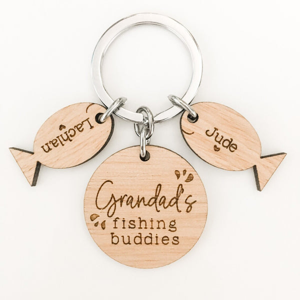 Grandads Fishing buddies personalised wooden keyring (dedicate to any name you like)