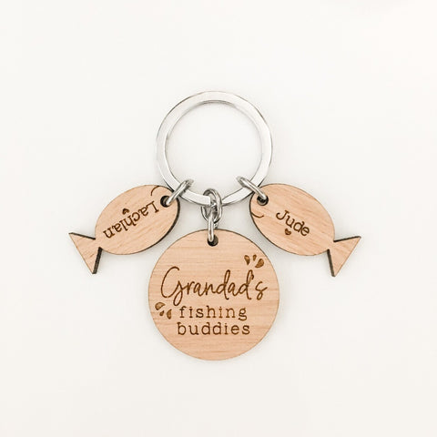 Grandads Fishing buddies personalised wooden keyring (dedicate to any name you like)