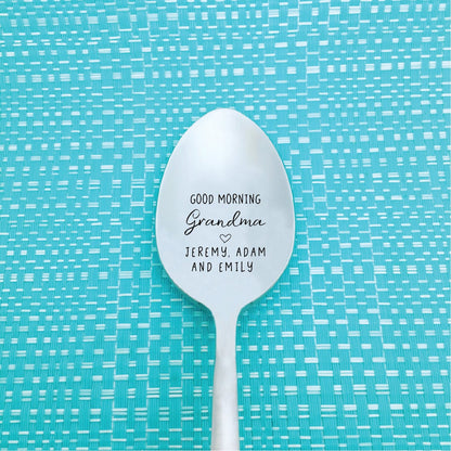 Personalised Grandma spoon engraved with Good Morning message, custom Mother’s Day gift from grandchildren