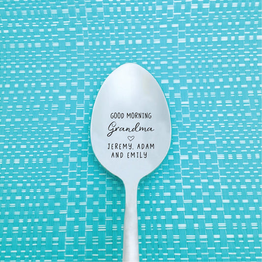 Personalised Grandma spoon engraved with Good Morning message, custom Mother’s Day gift from grandchildren