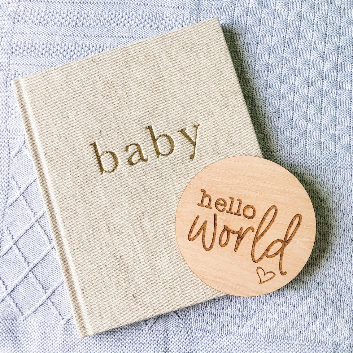 Hello World Baby Announcement Sign Heart Design (New Baby Arrival, Newborn Photo Prop)