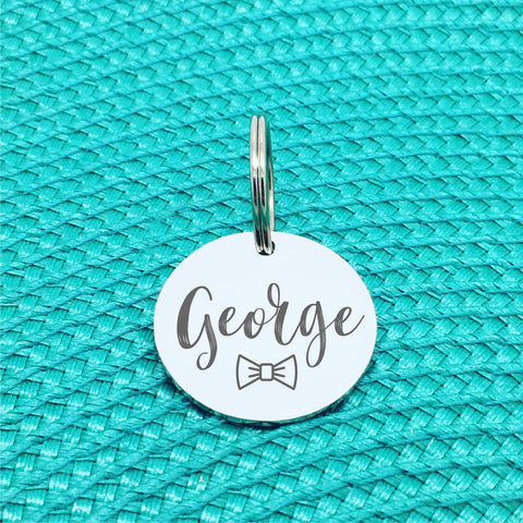 Engraved Silver Dog Name Tag with Cute Bow Tie available in Silver or Rose Gold