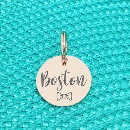 Engraved Silver Dog Tag with Cute Bow Tie available in Silver or Rose Gold