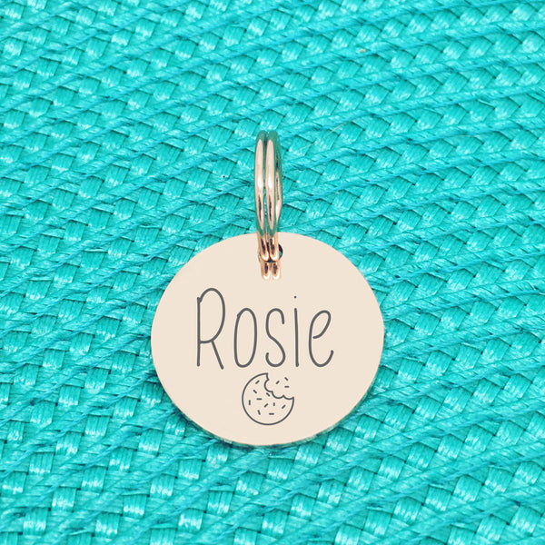 Cute Cookie Personalised Pet Name Tag Engraved Silver or Rose Gold
