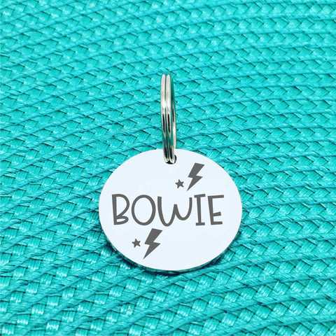 Engraved Custom Personalised Pet Name Tag, lightning bolt bowie desgin