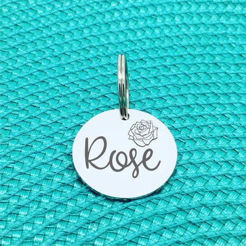 Double Sided Engraved Silver Rose Gold Dog Name Tag, Personalised ID Tag, Custom Dog Name Tag, Flower Dog Tag, Engraved Dog Tag Floral Design