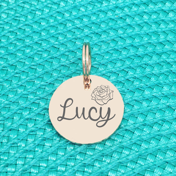Double Sided Engraved Silver Rose Gold Dog Name Tag, Personalised ID Tag, Custom Dog Name Tag, Flower Dog Tag, Engraved Dog Tag Floral Design