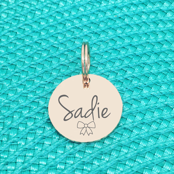 Double Sided Engraved Silver Rose Gold Dog Name Tag, Personalised ID Tag, Custom Dog Name Tag, Dog Collar Tag, Cute Dog Name Tag, Personalised Cat Tag, Cute Collar Tag Bow, Dog Bow