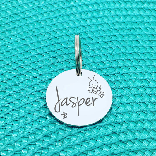 Double Sided Engraved Silver Rose Gold Dog Name Tag, Personalised ID Tag, Custom Dog Name Tag, bee and flower dog collar tag