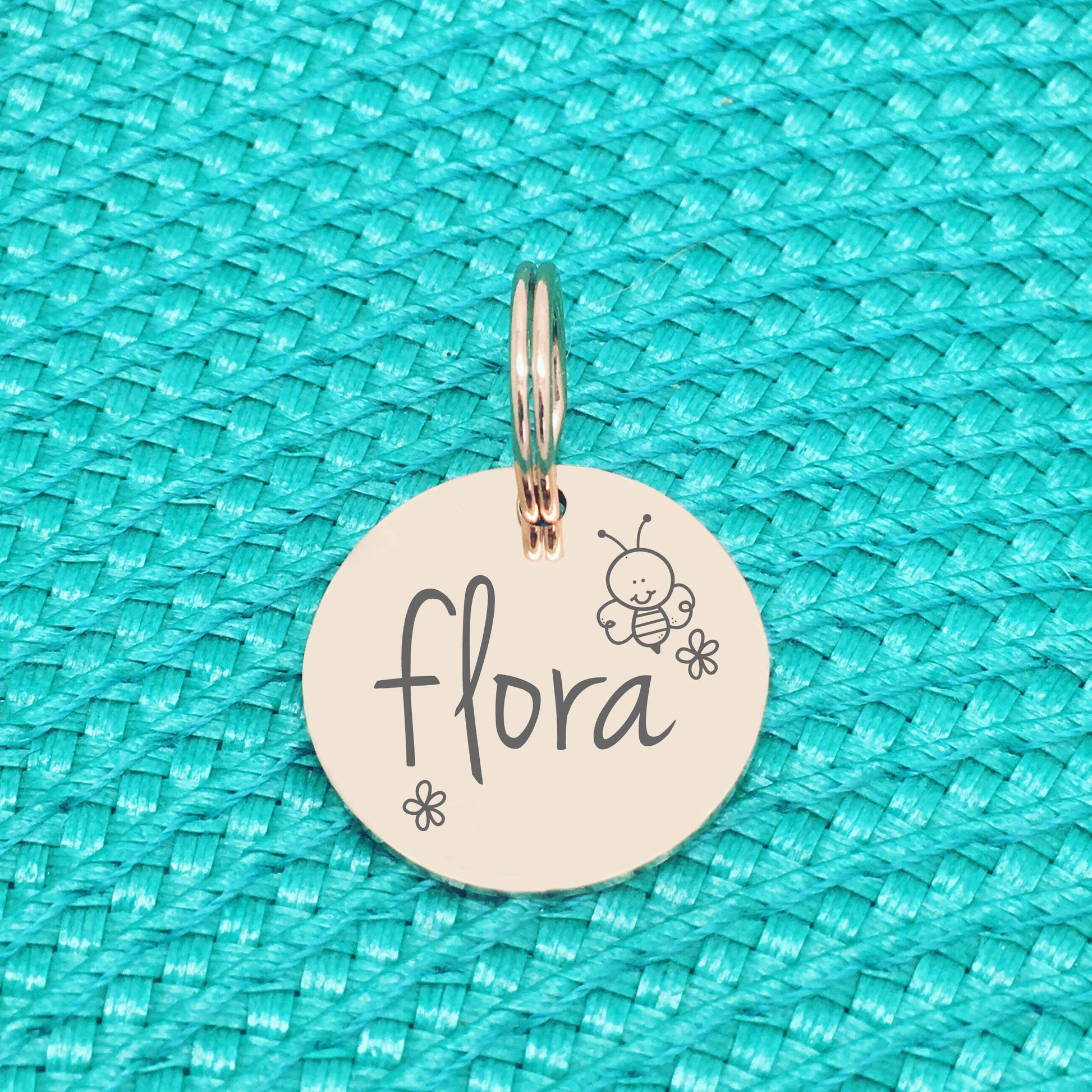 Double Sided Engraved Silver Rose Gold Dog Name Tag, Personalised ID Tag, Custom Dog Name Tag, bee and flower dog collar tag