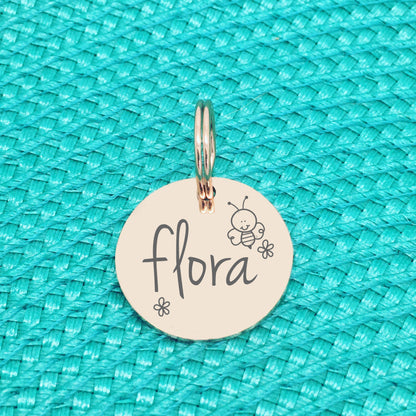 Double Sided Engraved Silver Rose Gold Dog Name Tag, Personalised ID Tag, Custom Dog Name Tag, bee and flower dog collar tag