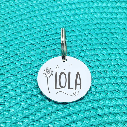 Double Sided Engraved Silver Rose Gold Dog Name Tag, Personalised ID Tag, Custom Dog Name Tag, Dog Collar Tag, Dog ID Name Tag, Double Sided Personalised Dog Tag, Cute Custom Pet Tag, Cat Tag, Personlalised Cat Tags, Floral dandelion pet tag