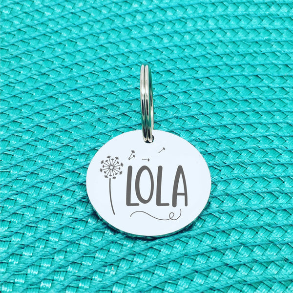 Double Sided Engraved Silver Rose Gold Dog Name Tag, Personalised ID Tag, Custom Dog Name Tag, Dog Collar Tag, Dog ID Name Tag, Double Sided Personalised Dog Tag, Cute Custom Pet Tag, Cat Tag, Personlalised Cat Tags, Floral dandelion pet tag
