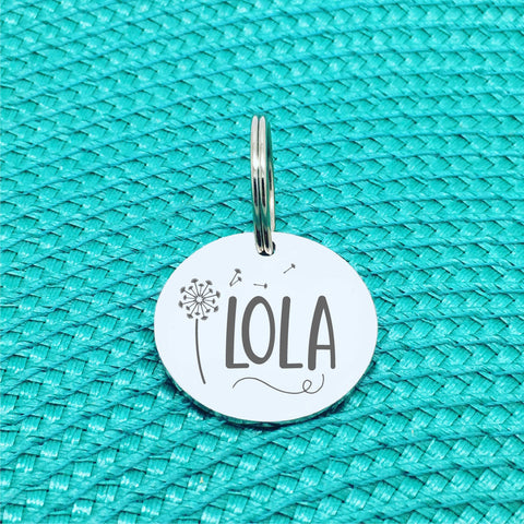 Double Sided Engraved Silver Rose Gold Dog Name Tag, Personalised ID Tag, Custom Dog Name Tag, Dog Collar Tag, Dog ID Name Tag, Double Sided Personalised Dog Tag, Cute Custom Pet Tag, Cat Tag, Personlalised Cat Tags, Floral dandelion pet tag
