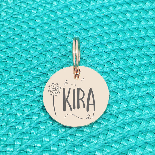 Double Sided Engraved Silver Rose Gold Dog Name Tag, Personalised ID Tag, Custom Dog Name Tag, Dog Collar Tag, Dog ID Name Tag, Double Sided Personalised Dog Tag, Cute Custom Pet Tag, Cat Tag, Personlalised Cat Tags, Floral dandelion pet tag