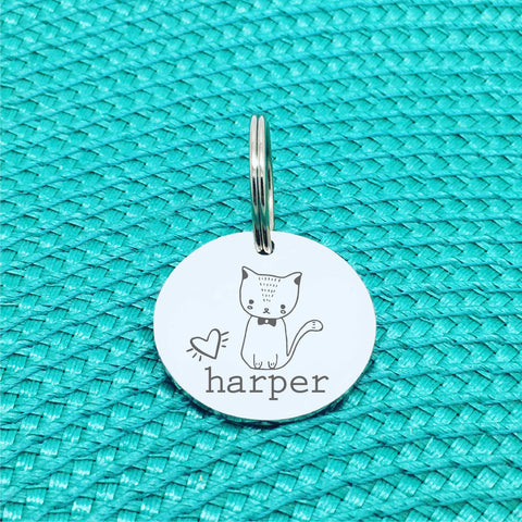 Custom Engraved Pet Name Tag (Personalised ID tag) - 'Harper' cute cat design