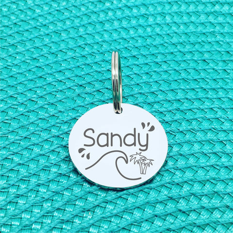 Premium Stainless Steel Custom Pet Name Tag, Engraved Dog Tag, Engraved Cat Tag, Cute Double Sided Engraved Pet ID Tag by Two Cheeky Bitches, Custom Dog Tag Beach Design, Cute Palm Tree Beach Inspired Pet Name Tag, Dog Collar Name Tag