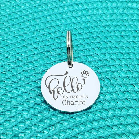 Hello My Name Is Dog Tag, Simple Silver Engraved Personalised Double Sided Dog Name Collar Tag, Handmade in Adelaide, Laser Engraved Dog Tag, Personalised Dog Name Tag, Dog ID Tags, Cute Dog Tag, Silver Dog Tag, Rose Gold Dog Tag, Gold Dog Tag, Microchipped tag