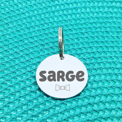 Custom Engraved Pet Name Tag (Personalised ID tag) - 'Sarge' Bow tie design