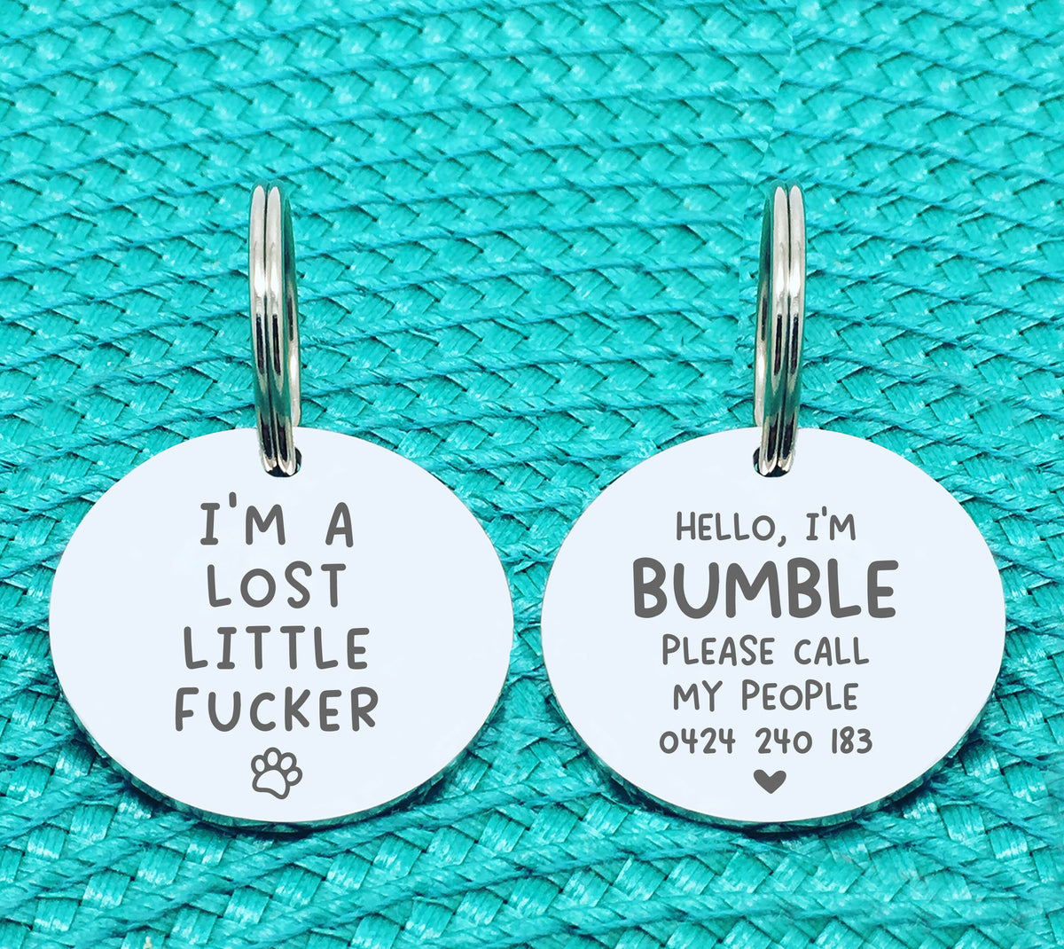Custom Engraved Double Sided Pet Name Tag (Personalised ID tag) - 'Hallie' I'm a Lost Little Fucker Design
