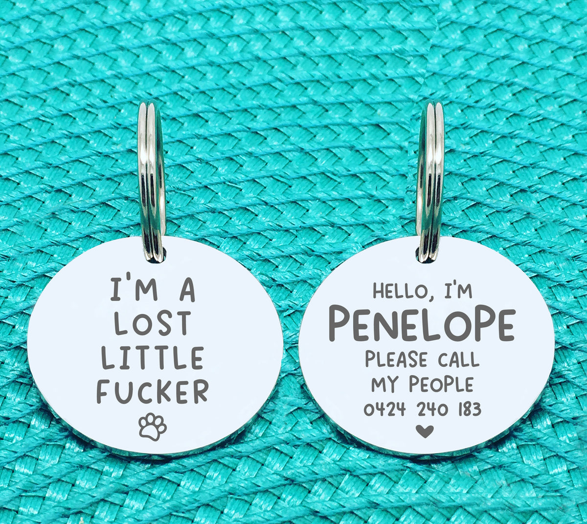 Custom Engraved Double Sided Pet Name Tag (Personalised ID tag) - 'Hallie' I'm a Lost Little Fucker Design