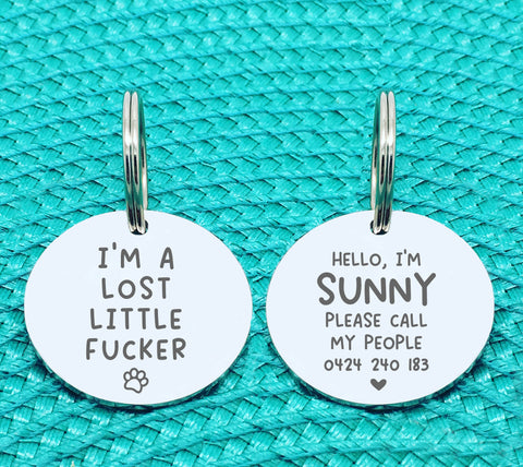 Custom Engraved Double Sided Pet Name Tag (Personalised ID tag) - 'Hallie' I'm a Lost Little Fucker Design