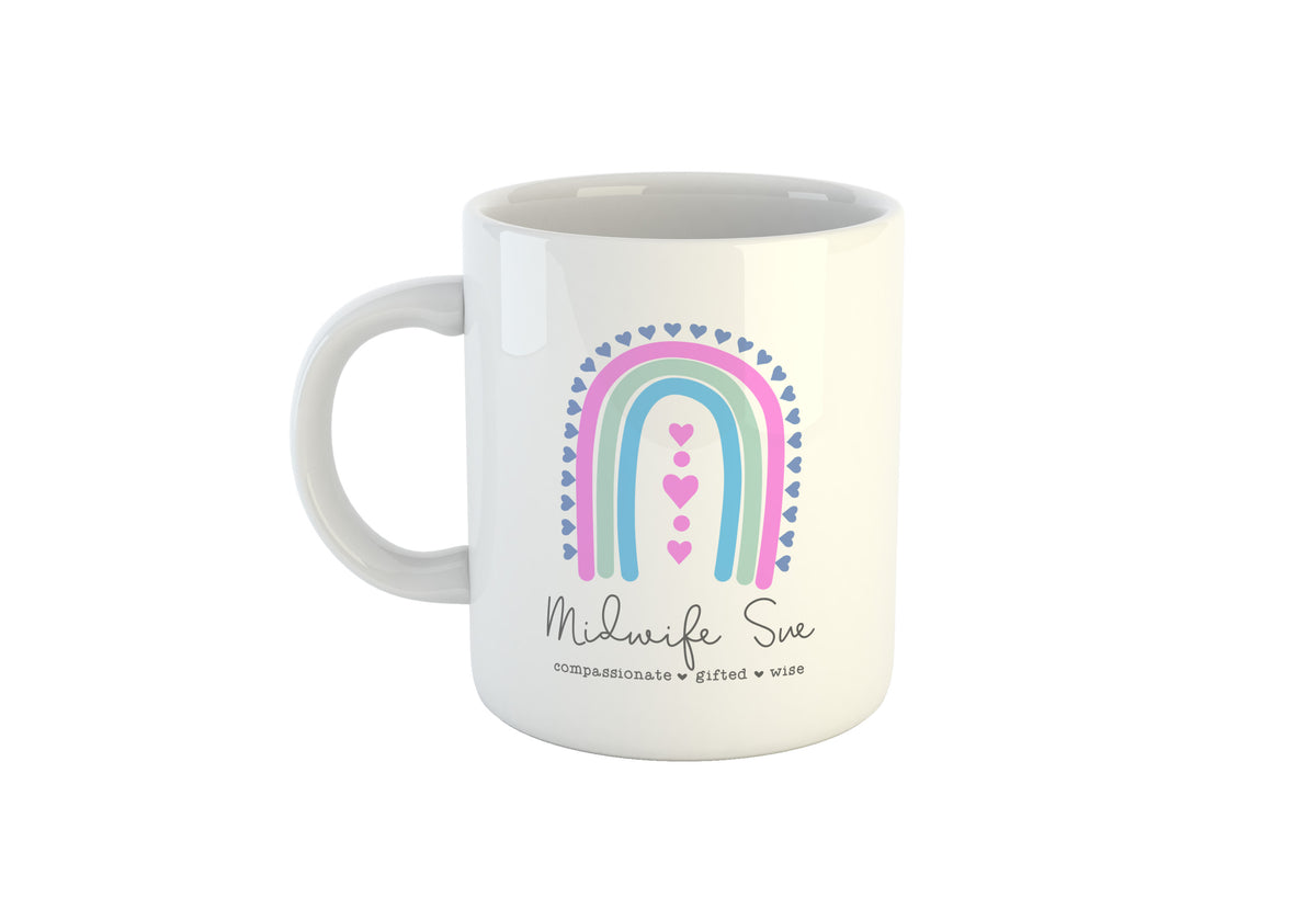 Personalised Midwife Mug, Compassionate Gifted Wise, Mug, Gift for Midwife, Custom Gift for Midwife, Personalised Midwife Gift, Rainbow Midwife Mug
