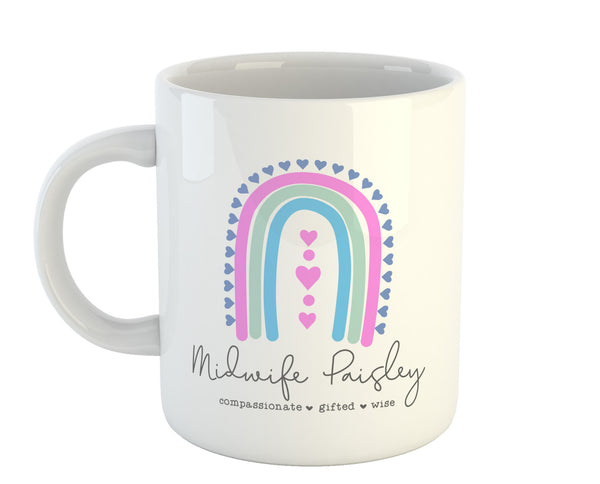 Personalised Midwife Mug, Compassionate Gifted Wise, Mug, Gift for Midwife, Custom Gift for Midwife, Personalised Midwife Gift, Rainbow Midwife Mug
