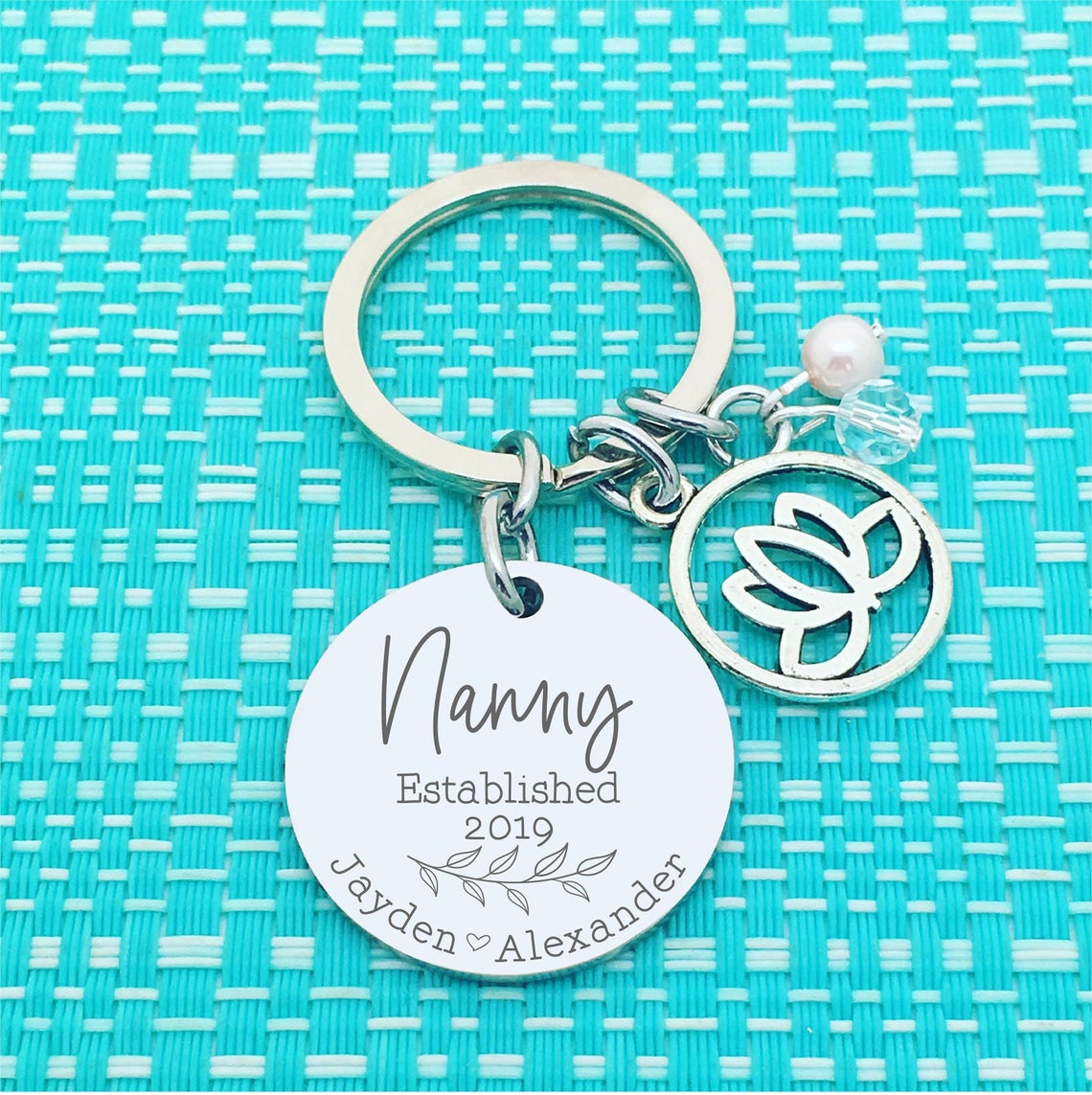 Nanny Established Personalised Keyring Lotus Charm Design (Change Nanny to another name of your choosing)