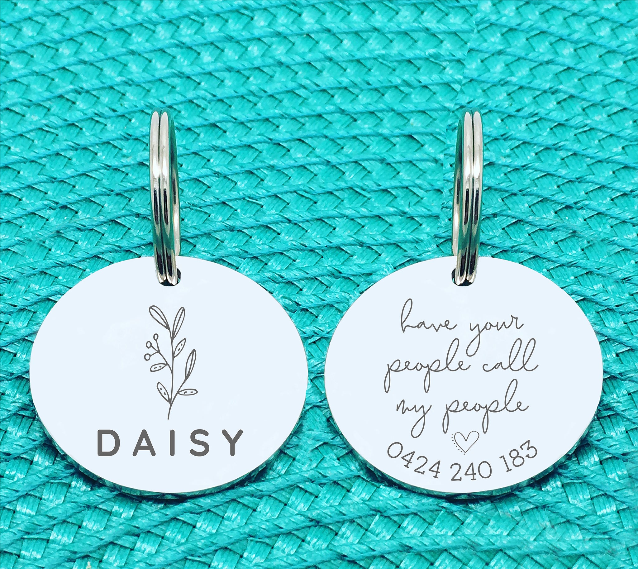 Cute Floral Double Sided Dog Tag, Have Your People Call My People, Available in Rose Gold or Silver