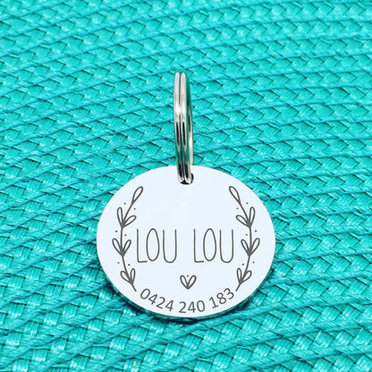 Engraved Personalised Pet Tag Penny Wreath Design