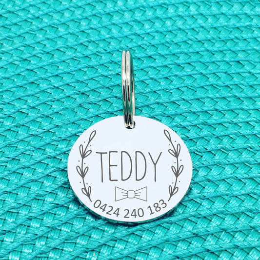 Personalised Pet Tag, Teddy Bow Tie / Wreath Design (Personalised Custom Engraved Dog Tag /  Personalised Cat Tag)