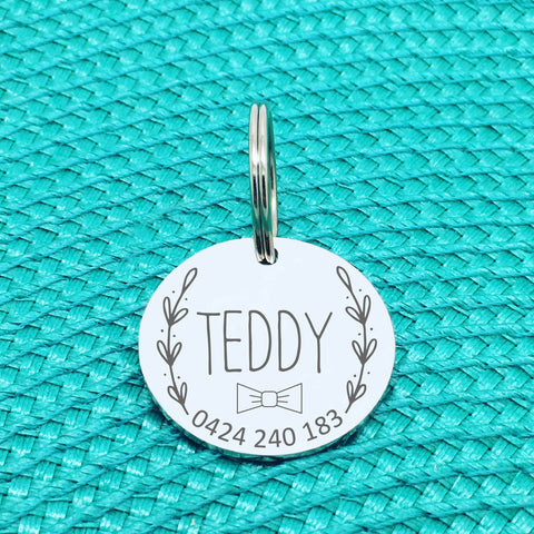 Personalised Pet Tag, Teddy Bow Tie / Wreath Design (Personalised Custom Engraved Dog Tag /  Personalised Cat Tag)