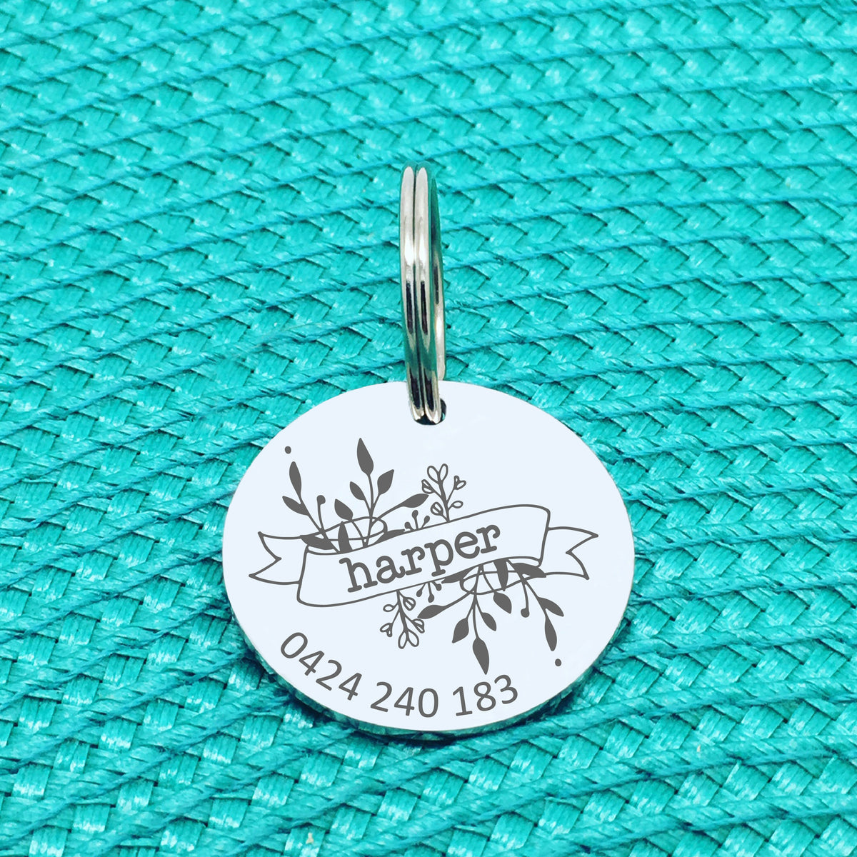 Personalised Pet Tag, Floral Wreath with Banner, 'Harper' Design (Custom Engraved Dog Tag)