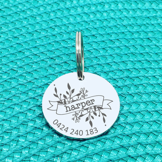 Personalised Pet Tag, Floral Wreath with Banner, 'Harper' Design (Custom Engraved Dog Tag)