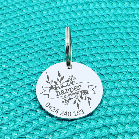 Personalised Pet Tag, Floral Wreath with Banner, 'Harper' Design (Custom Engraved Dog Tag)