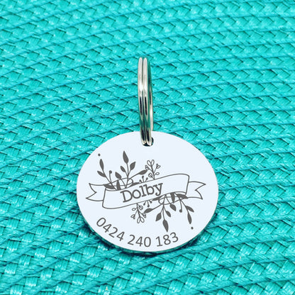 Personalised Pet Tag, Floral Wreath with Banner, 'Harper' Design (Custom Engraved Dog Tag)