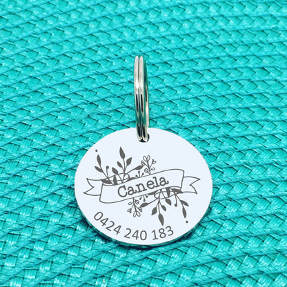 Personalised Pet Tag, Floral Wreath with Banner, 'Harper' Design (Custom Engraved Dog Tag)