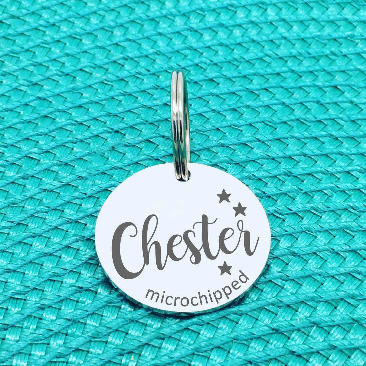 Personalised Pet Tag 'Duke' Microchipped Design (Custom Engraved Silver Dog Tag, Dog Name Tags)