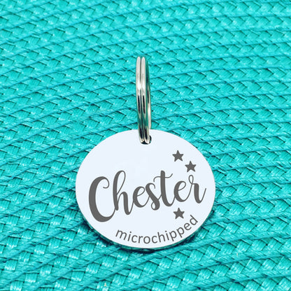 Personalised Pet Tag 'Duke' Microchipped Design (Custom Engraved Silver Dog Tag, Dog Name Tags)