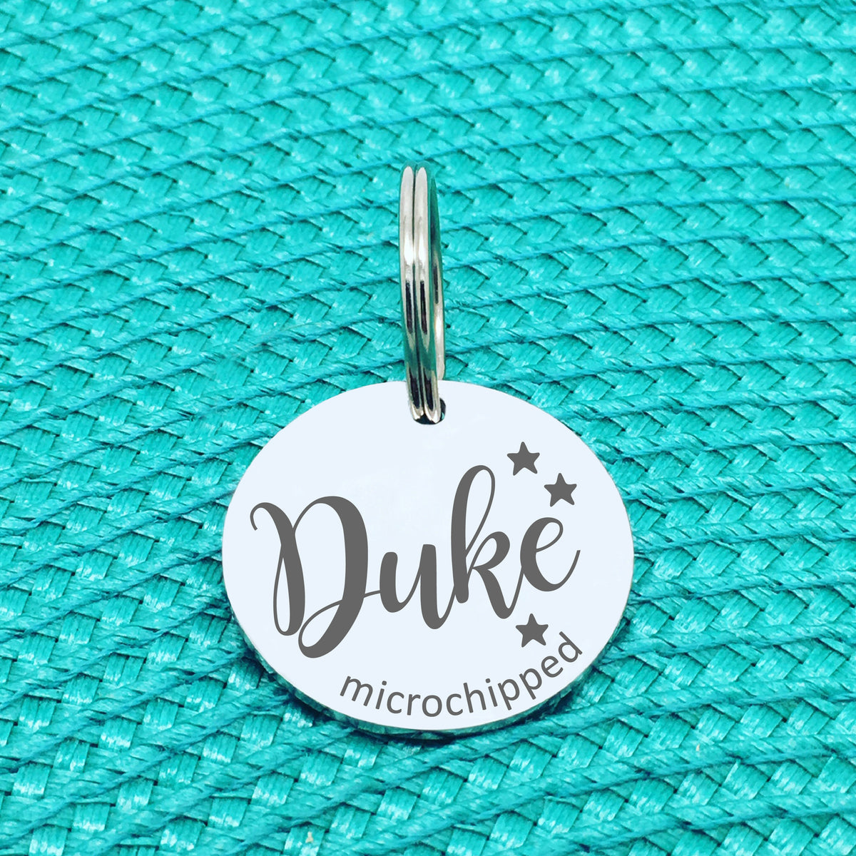 Personalised Pet Tag 'Duke' Microchipped Design (Custom Engraved Silver Dog Tag, Dog Name Tags)