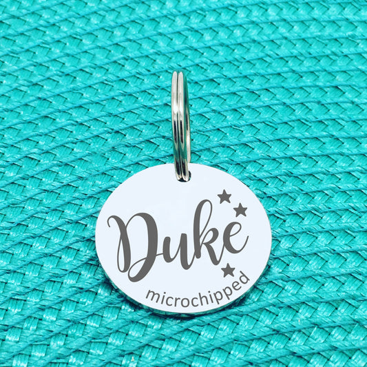 Personalised Pet Tag 'Duke' Microchipped Design (Custom Engraved Silver Dog Tag, Dog Name Tags)