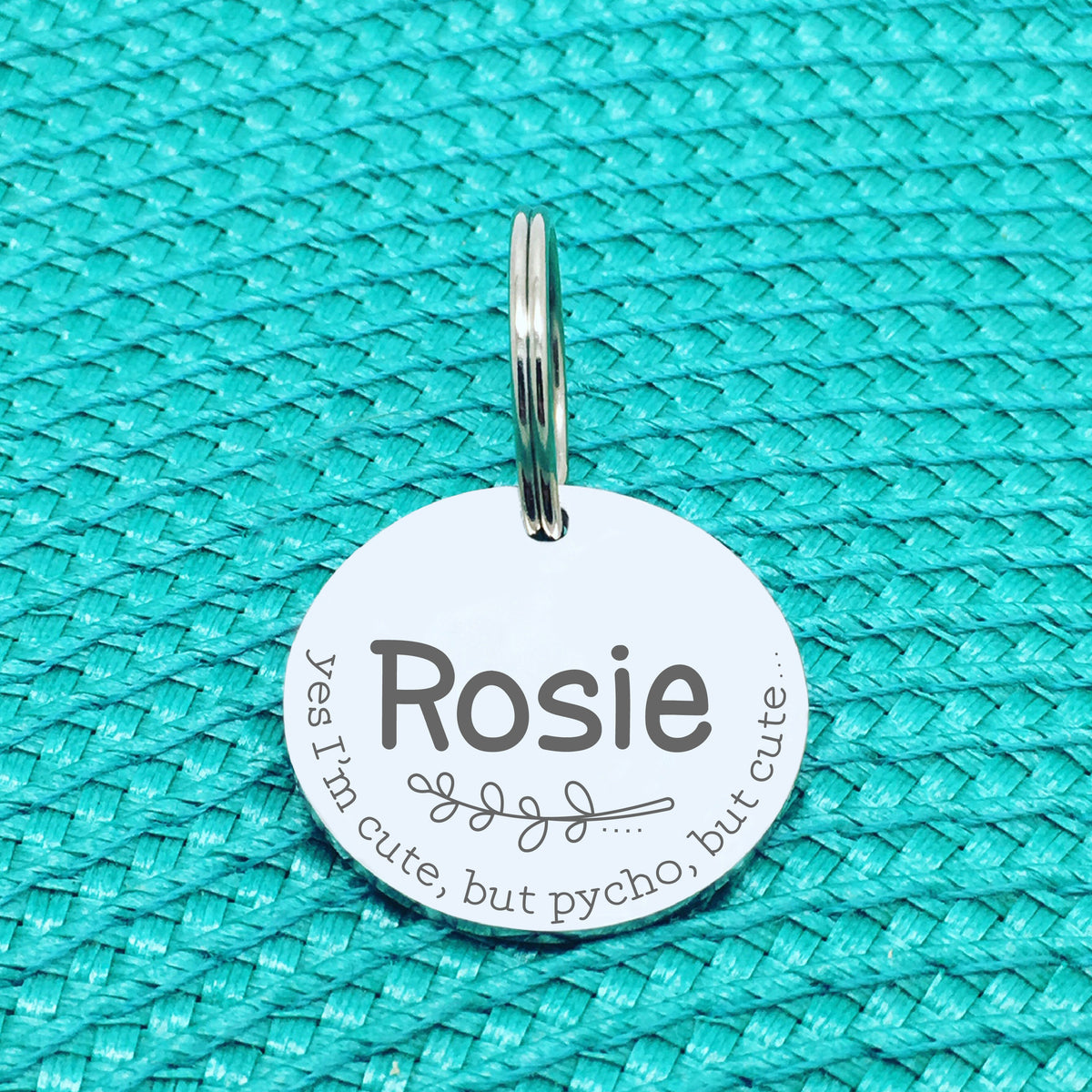 Personalised Pet Tag - Yes I'm Cute, But Psycho, But Cute Design (Custom Engraved Silver Dog Tag, Dog Name Tags)