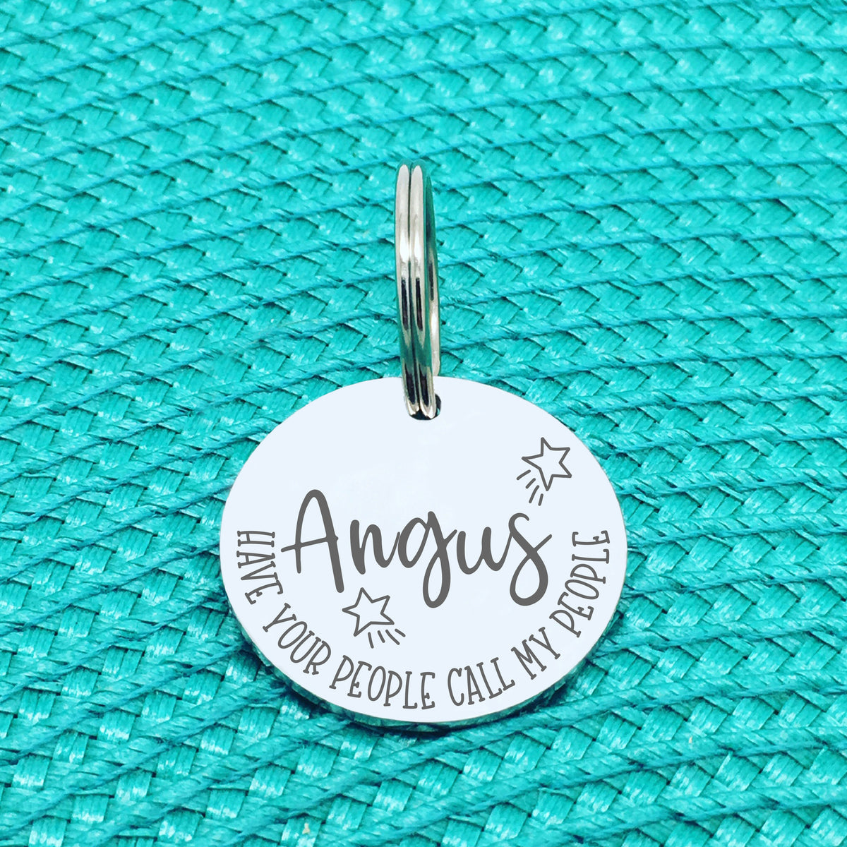 Personalised Pet Tag - Have Your People Call My People, 'Angus' Star Design (Custom Engraved Silver Dog Tag, Dog Name Tags)