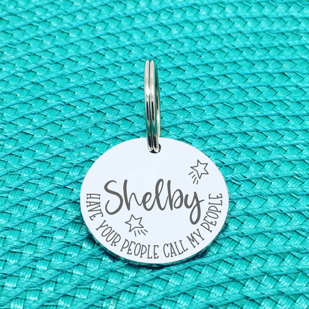 Personalised Pet Tag - Have Your People Call My People, 'Angus' Star Design (Custom Engraved Silver Dog Tag, Dog Name Tags)