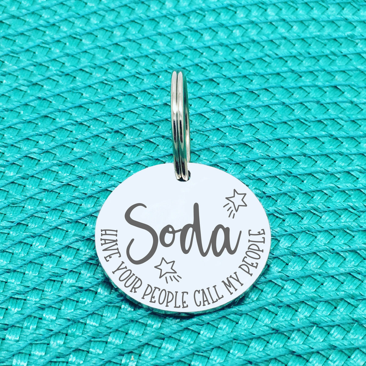 Personalised Pet Tag - Have Your People Call My People, 'Angus' Star Design (Custom Engraved Silver Dog Tag, Dog Name Tags)