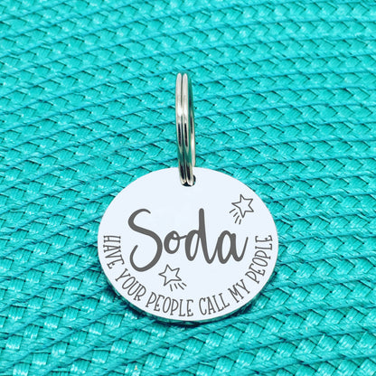 Personalised Pet Tag - Have Your People Call My People, 'Angus' Star Design (Custom Engraved Silver Dog Tag, Dog Name Tags)